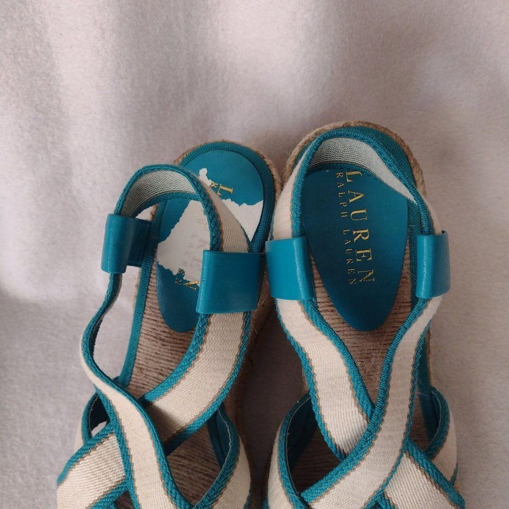 Lauren Ralph Lauren Womens Wedge Sandals 6.5 Ivory Teal Strappy Espadrilles - Picture 6 of 9